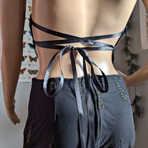 Vintage 90s y2k Kitty Halter Top 2 Piece Set Flare Pants Floral Gold Fairycore - Picture 6 of 16